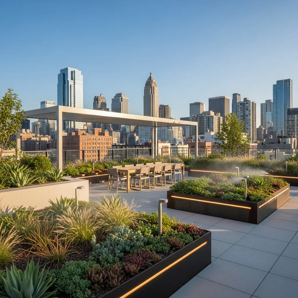 Modern rooftop garden with city views and drought-resistant plants