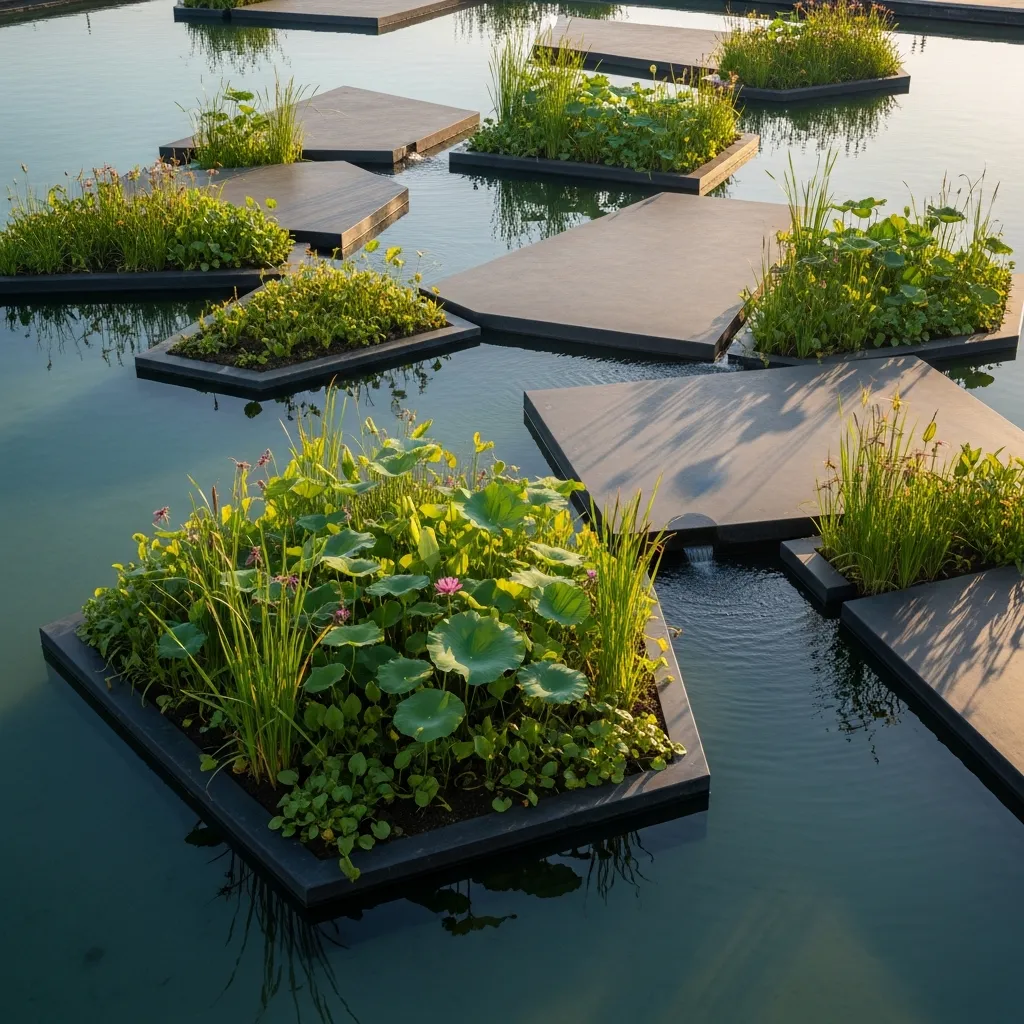 Abstract water garden with floating platforms and aquatic plants