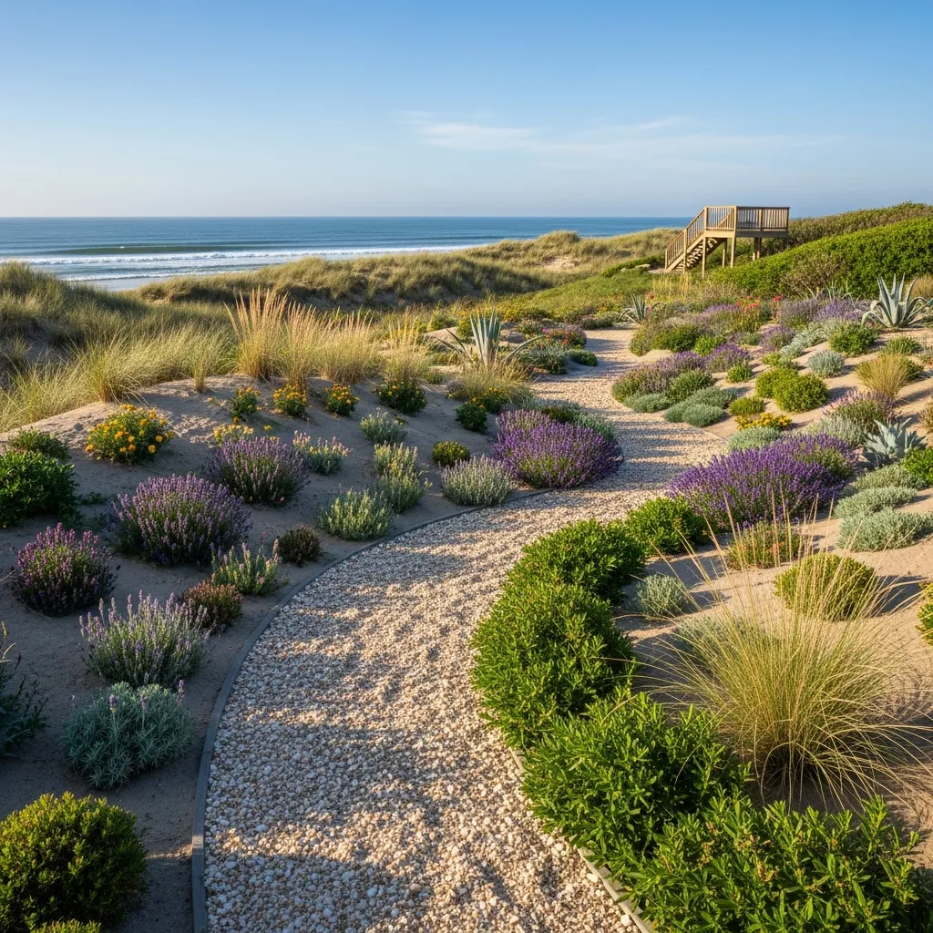 Coastal garden with dune-inspired landscaping and salt-tolerant plants