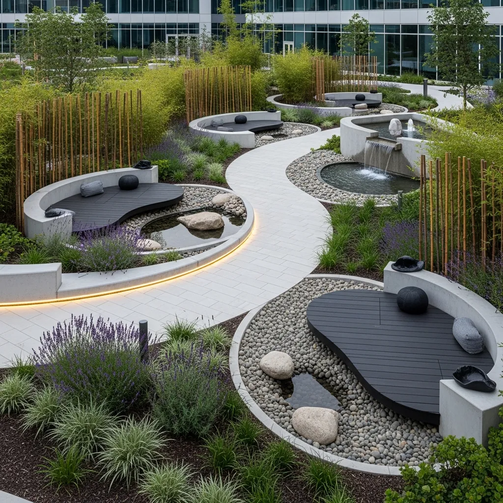 Corporate garden design with flowing lines and meditation spaces